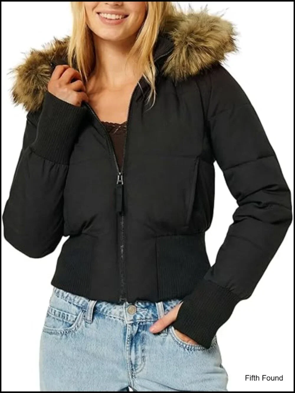 Cropped Puffer Jacket Winter Quilted Faux Fur Hood Bomber Coat - Picture 1 of 7